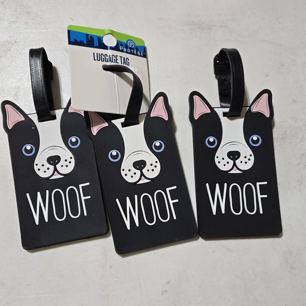 3 Protege Luggage Tags, Black and White Dog Tags, with Boston Terrier Design